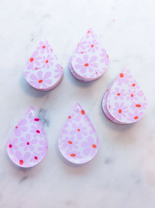 UV printed clear acrylic earring blanks - 4cm teardrop, Abstract Floral - jewellery making