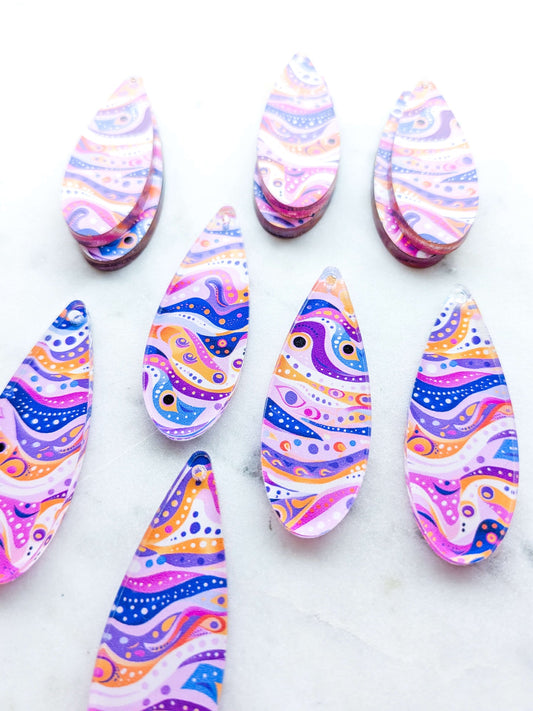 UV printed clear acrylic earring blanks - 5cm skinny teardrop, Whimsical - jewellery making