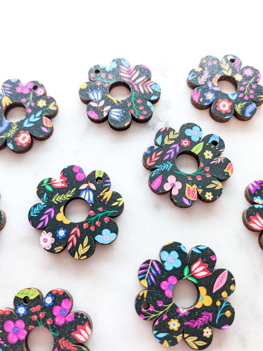 UV printed wood earring blanks - 3cm flower with large hole, Mexican Floral - jewellery making