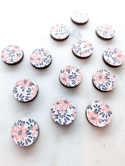 UV printed wood earring studs - 15mm circle, Abstract Floral - jewellery making