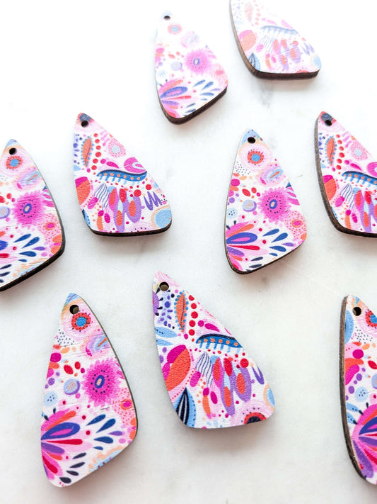 UV printed wood earring blanks - 4cm irregular, Bold Floral - jewellery making