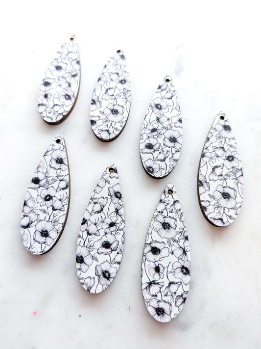 UV printed wood earring blanks - 5cm skinny teardrop, Blooms - jewellery making