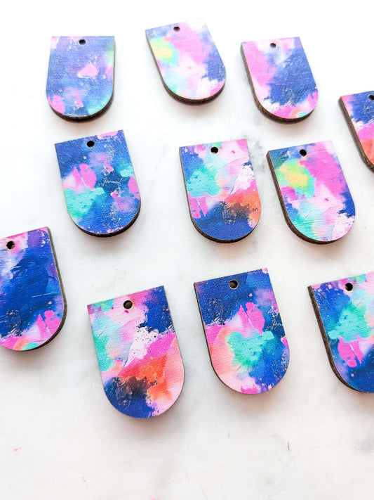 UV printed wood earring blanks - 3cm arch, Neon Splash - jewellery making