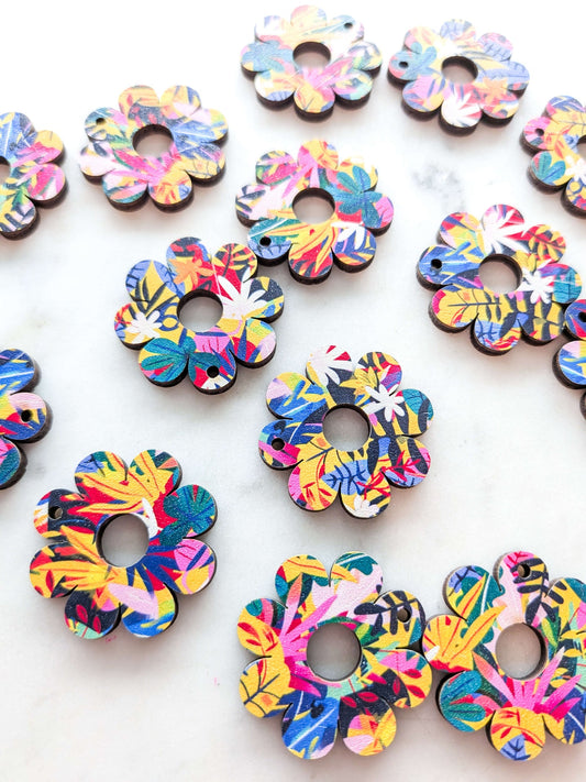 UV printed wood earring blanks - 3cm flower with large hole, Bold Floral - jewellery making