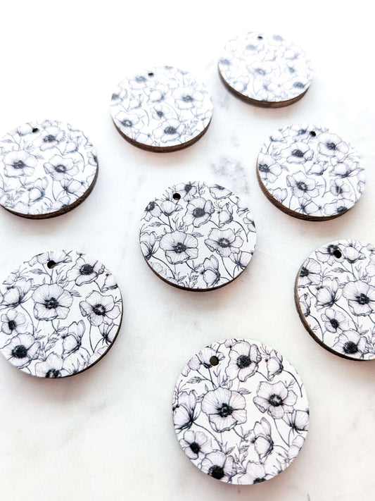 UV printed wood earring blanks - 3cm circle, Blooms - jewellery making