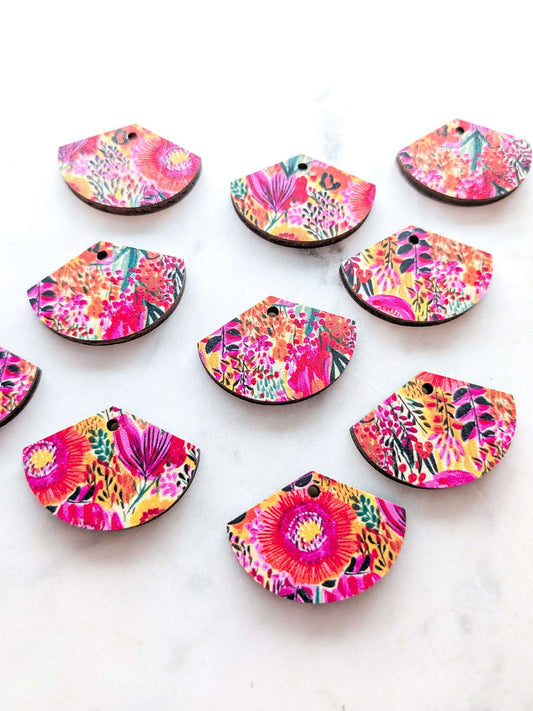 UV printed wood earring blanks - 3cm fan, Bold Floral - jewellery making