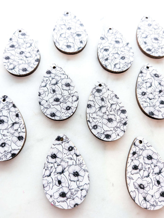 UV printed wood earring blanks - 4cm teardrop 2, Blooms - jewellery making