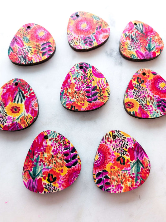 UV printed wood earring blanks - 3cm pebble, Bold Floral - jewellery making