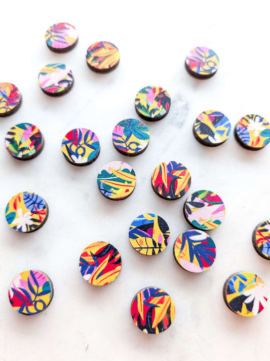 UV printed wood earring studs - 12mm circle, Bold Floral - jewellery making
