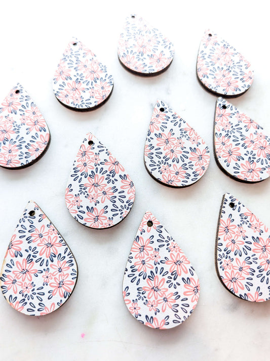 UV printed wood earring blanks - 4cm teardrop, Abstract Floral - jewellery making