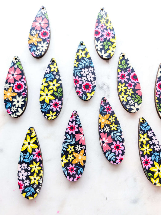 UV printed wood earring blanks - 5cm skinny teardrop, Floral Garden - jewellery making