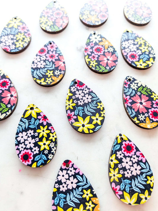 UV printed wood earring blanks - 4cm teardrop 2, Floral Garden - jewellery making