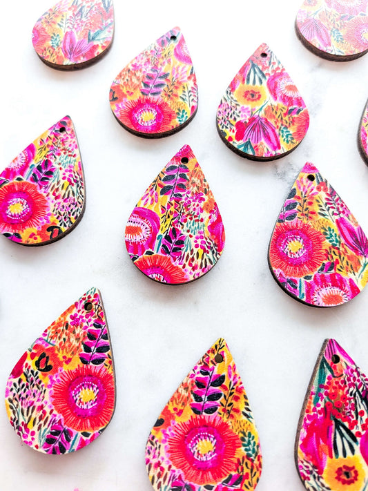 UV printed wood earring blanks - 4cm teardrop, Bold Floral - jewellery making