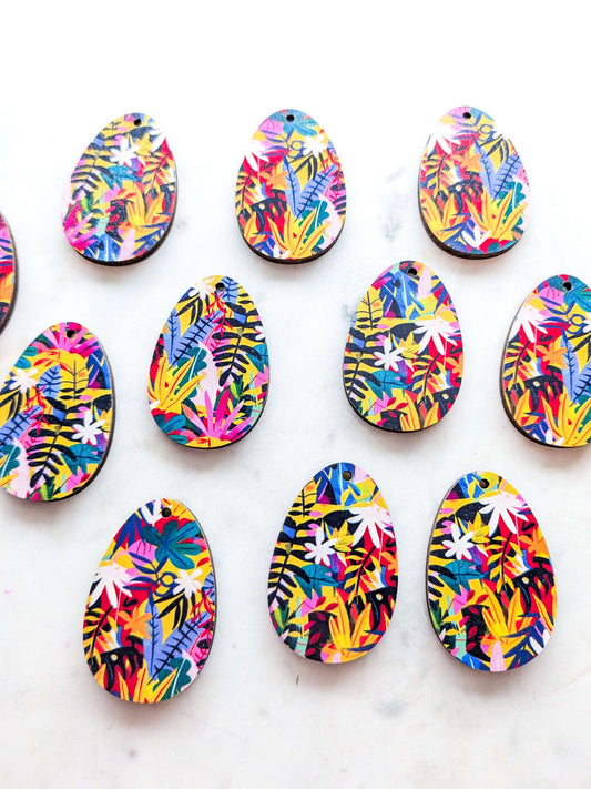 UV printed wood earring blanks - 4cm egg, Bold Floral - jewellery making