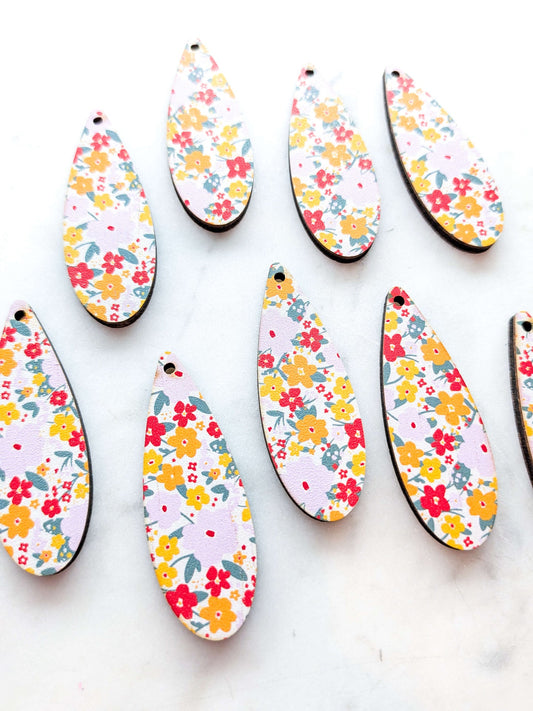 UV printed wood earring blanks - 5cm skinny teardrop, Autumn Picnic - jewellery making