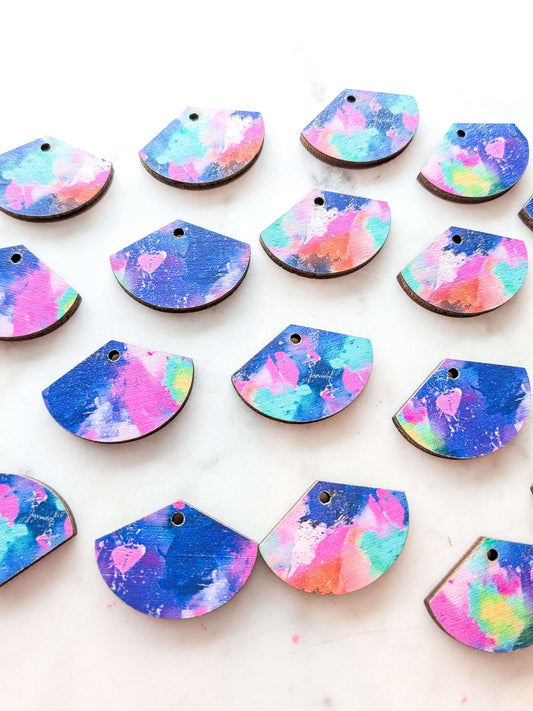 UV printed wood earring blanks - 3cm fan, Neon Splash - jewellery making
