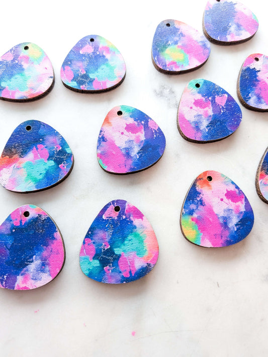 UV printed wood earring blanks - 3cm pebble, Neon Splash - jewellery making