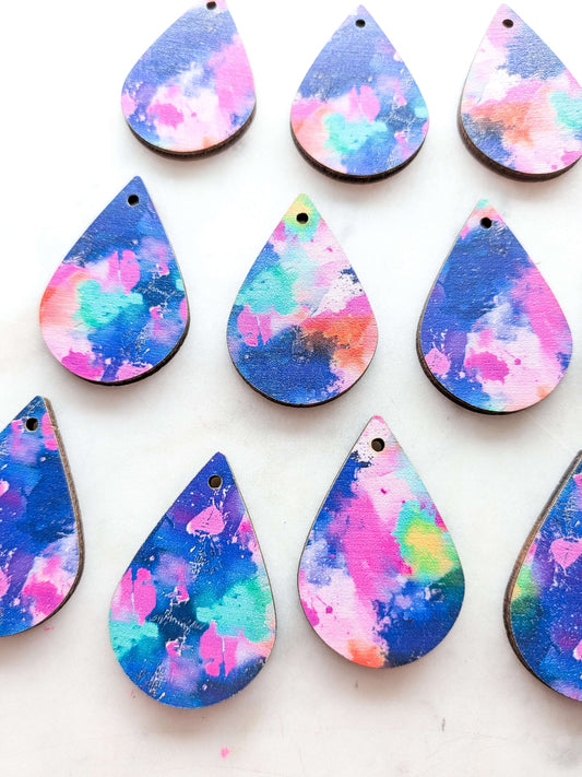 UV printed wood earring blanks - 4cm teardrop, Neon Splash - jewellery making