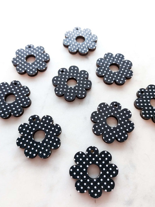 UV printed wood earring blanks - 3cm flower with large hole, Black and White - jewellery making