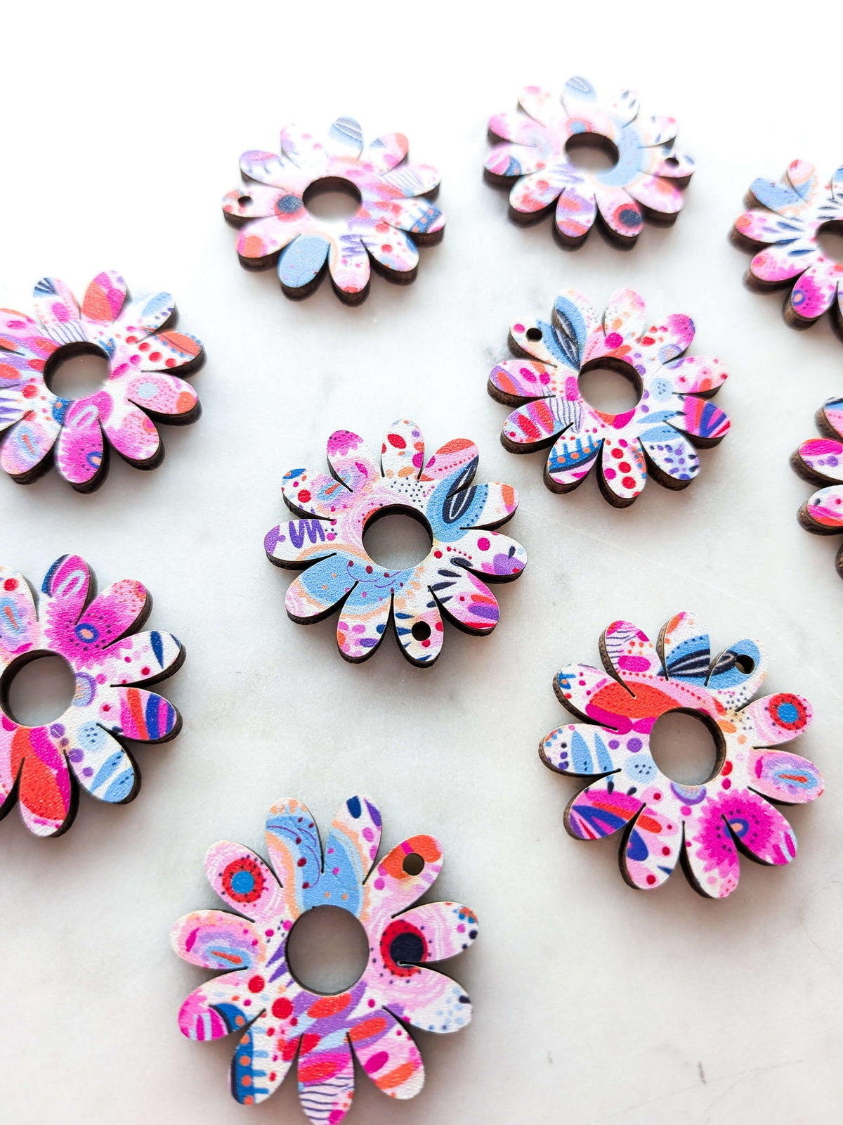 UV printed wood earring blanks - 3cm daisy with large hole, Bold Floral - jewellery making