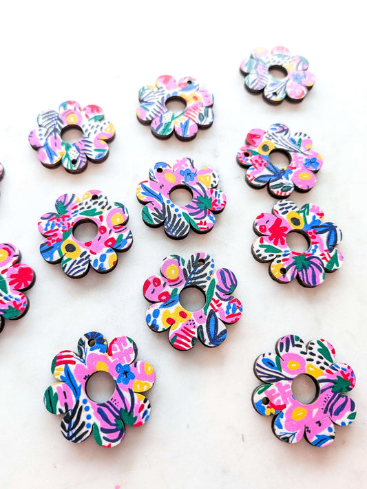 UV printed wood earring blanks - 3cm flower with large hole, Abstract Art - jewellery making