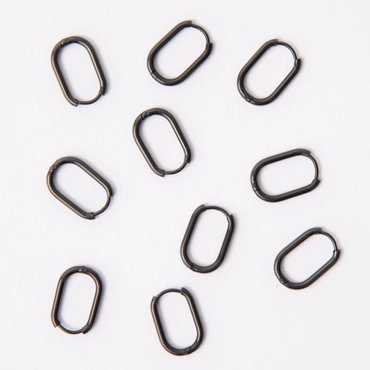 18mm Black Oval Huggie Earrings, 2mm Thick, Stainless Steel (304)