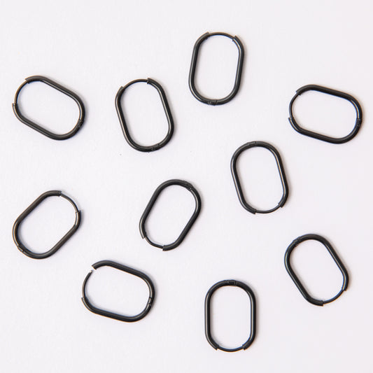 23mm Black Oval Huggie Earrings, 2mm Thick, Stainless Steel (304)