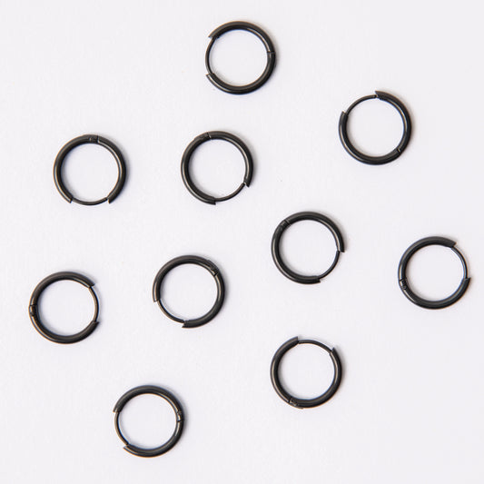 16mm Black Circle Huggie Earrings, 2mm Thick, Stainless Steel (304)