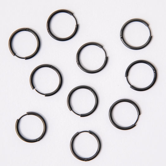 20mm Black Circle Huggie Earrings, 2mm Thick, Stainless Steel (304)