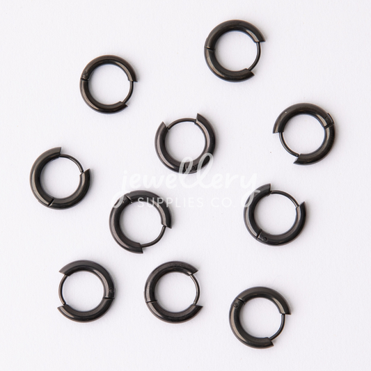 16mm Black Circle Huggie Earrings, 3mm Thick, Stainless Steel (304)