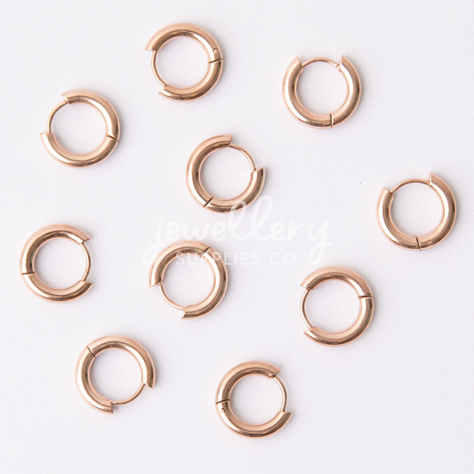 16mm Rose Gold Circle Huggie Earrings, 3mm Thick, Stainless Steel (304)