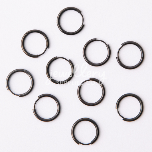 18mm Black Circle Huggie Earrings, 2mm Thick, Stainless Steel (304)
