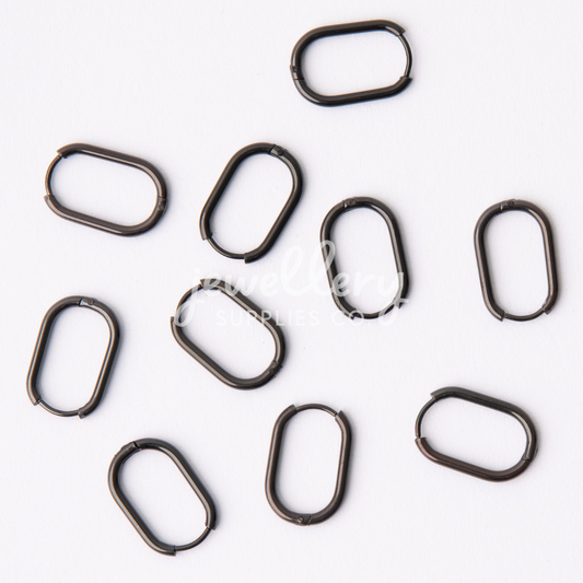 20mm Black Oval Huggie Earrings, 2mm Thick, Stainless Steel (304)