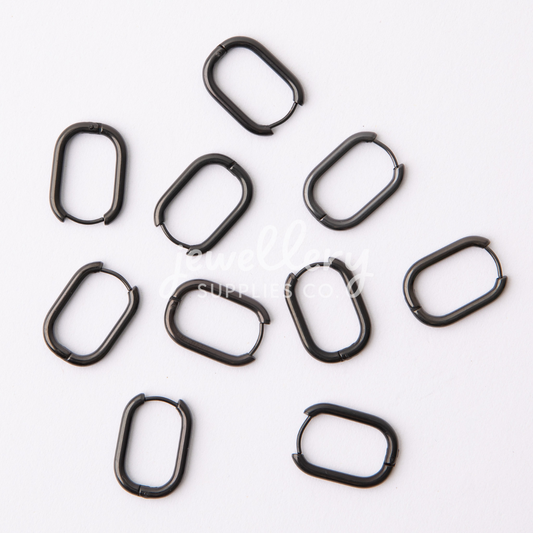 23mm Black Oval Huggie Earrings, 2.5mm Thick, Stainless Steel (304)